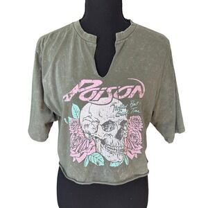 Poison Band Graphic Cropped Tee Womens M Acid Washed Green Grunge Y2K Rocker